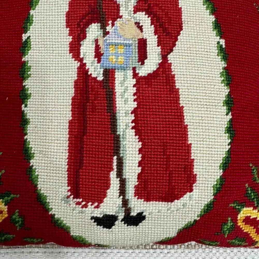 Santa Needlepoint Throw Pillow Santa Christmas Holiday Red